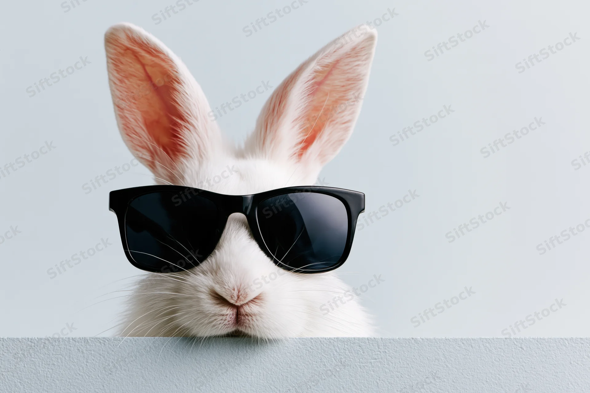 White rabbit wearing black wayfarer sunglasses peeking over a gray surface