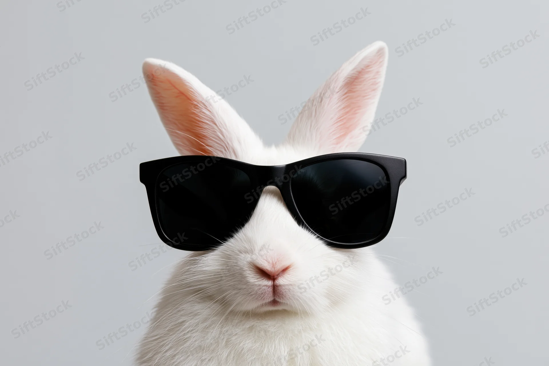White rabbit wearing oversized black wayfarer sunglasses in studio portrait