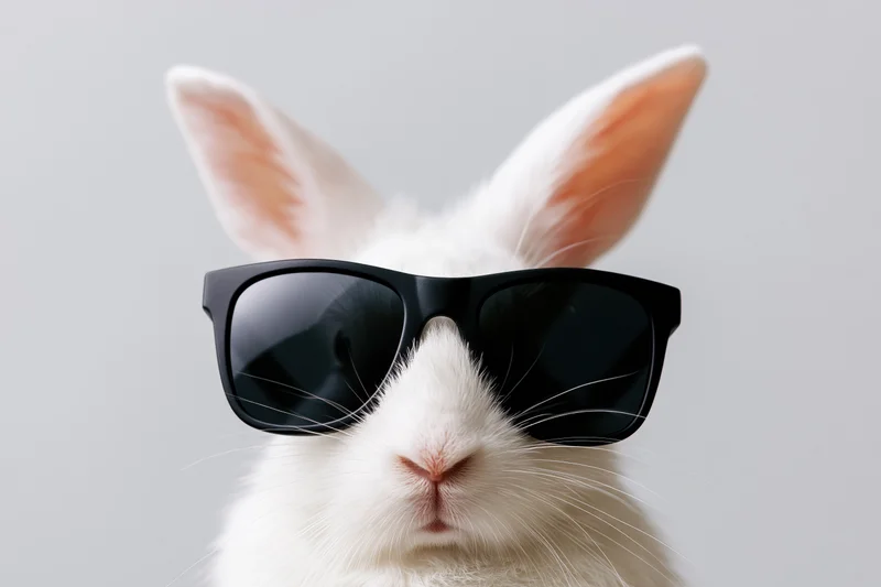 White rabbit wearing oversized black wayfarer sunglasses in studio portrait