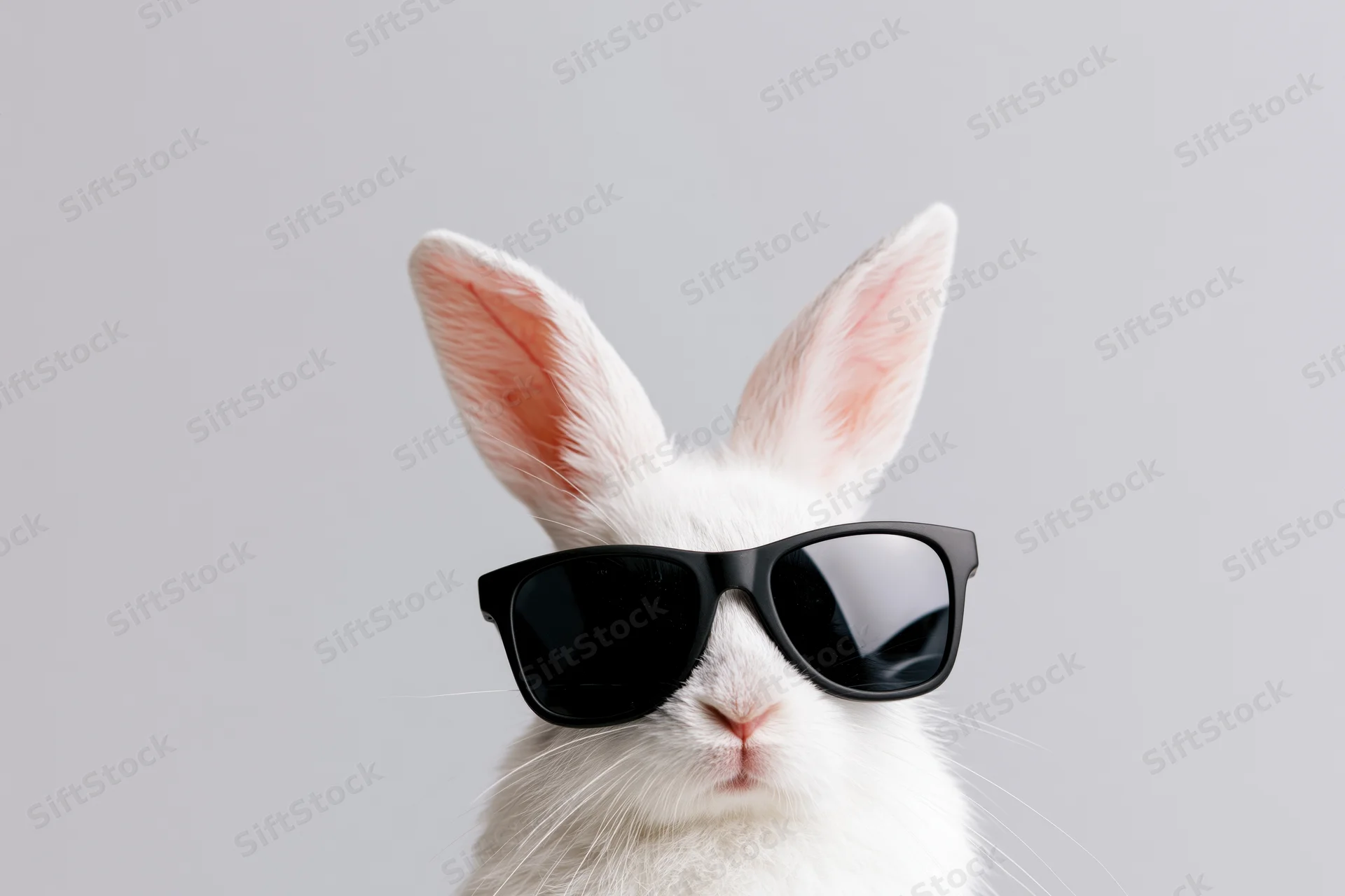 White rabbit wearing oversized black wayfarer sunglasses in studio portrait