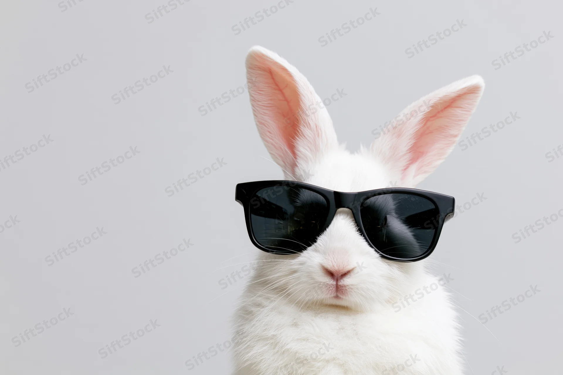 White rabbit wearing oversized black wayfarer sunglasses in studio setting