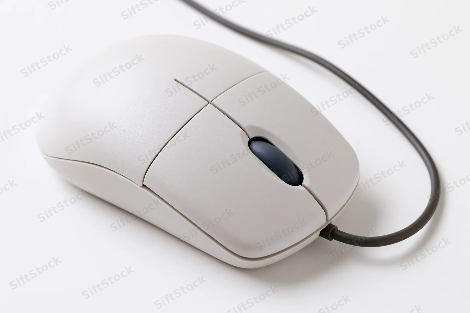 White wired computer mouse with dark blue scroll wheel on plain white surface