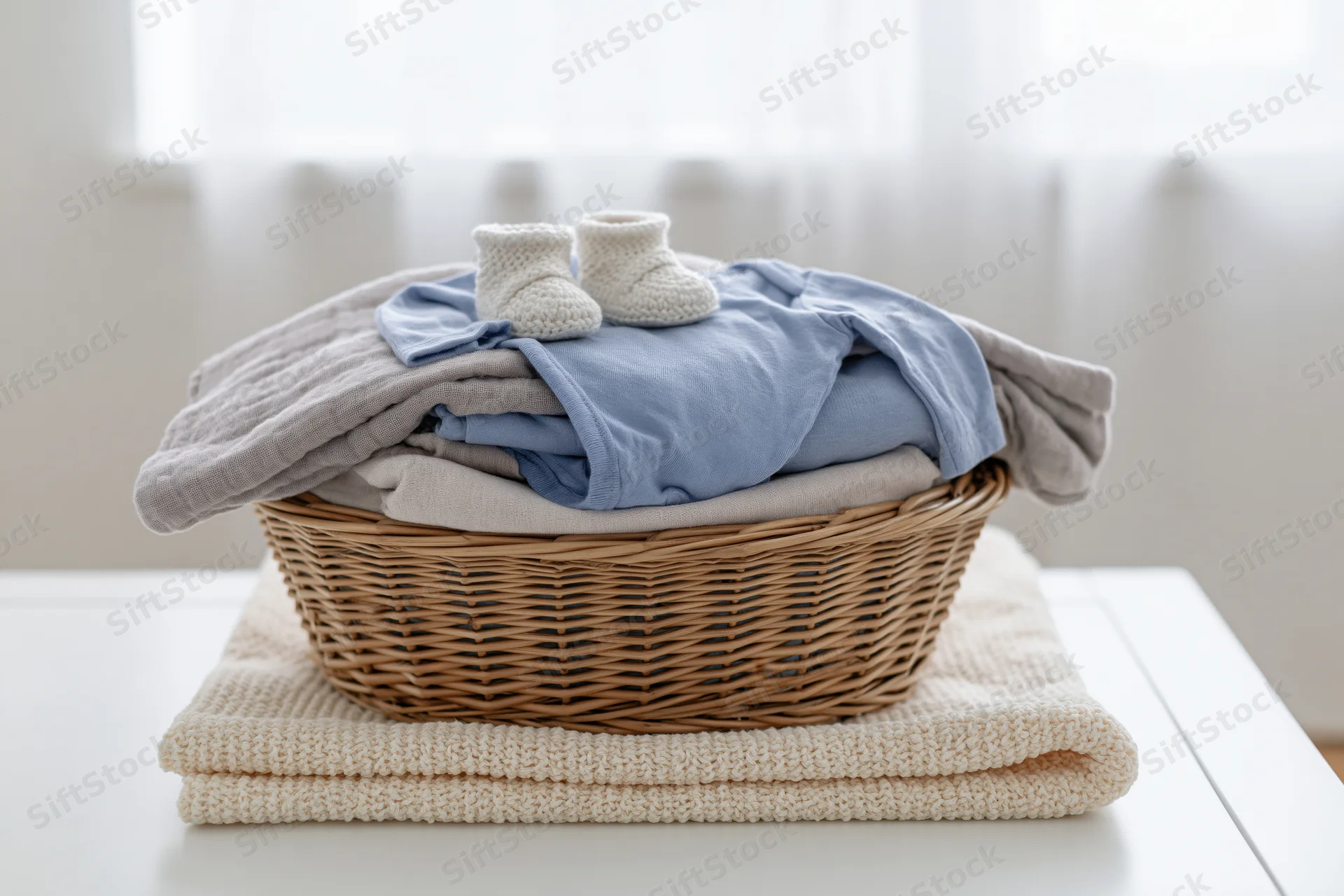 Wicker basket filled with folded newborn baby clothes on a table