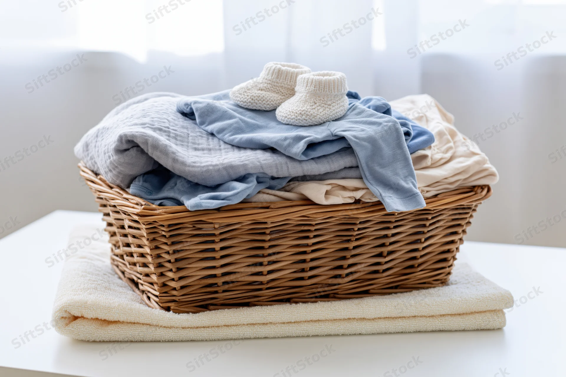 Wicker basket filled with folded newborn baby clothes on a white surface