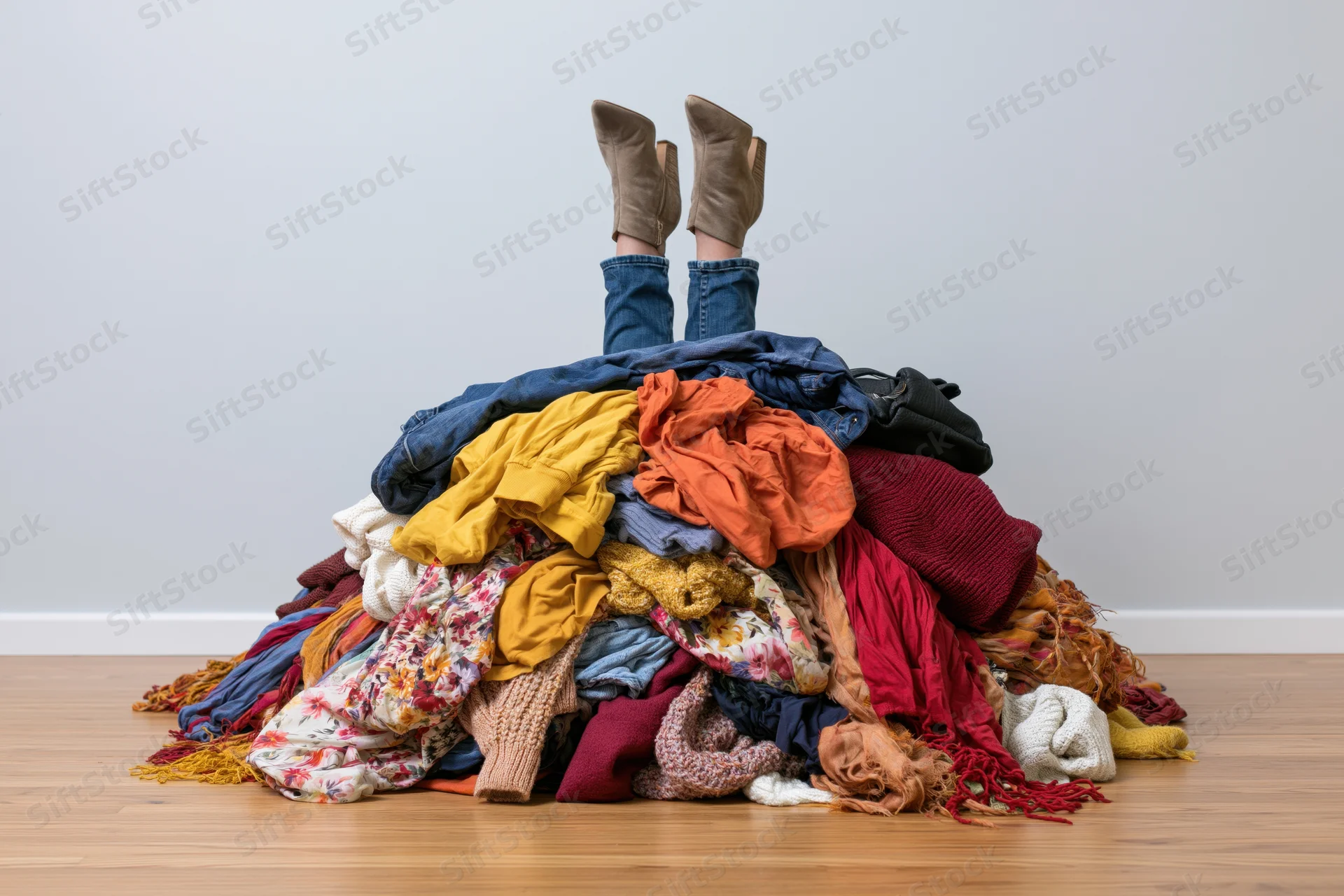 Woman’s legs sticking up from a large pile of clothes on wooden floor