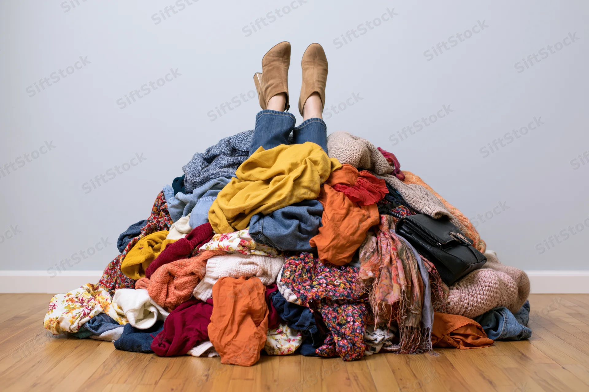 Woman’s legs sticking up from a large pile of colorful clothes on a wooden floor