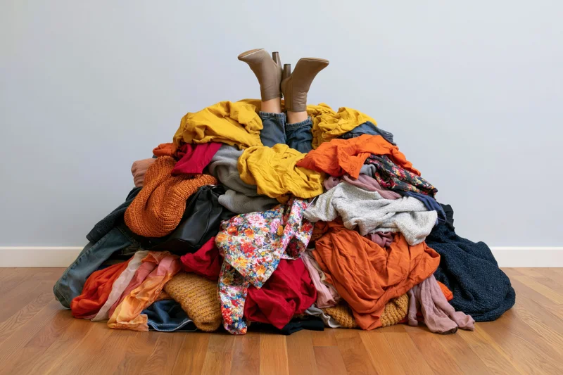 Woman’s legs sticking up from a large pile of colorful clothes on a wooden floor