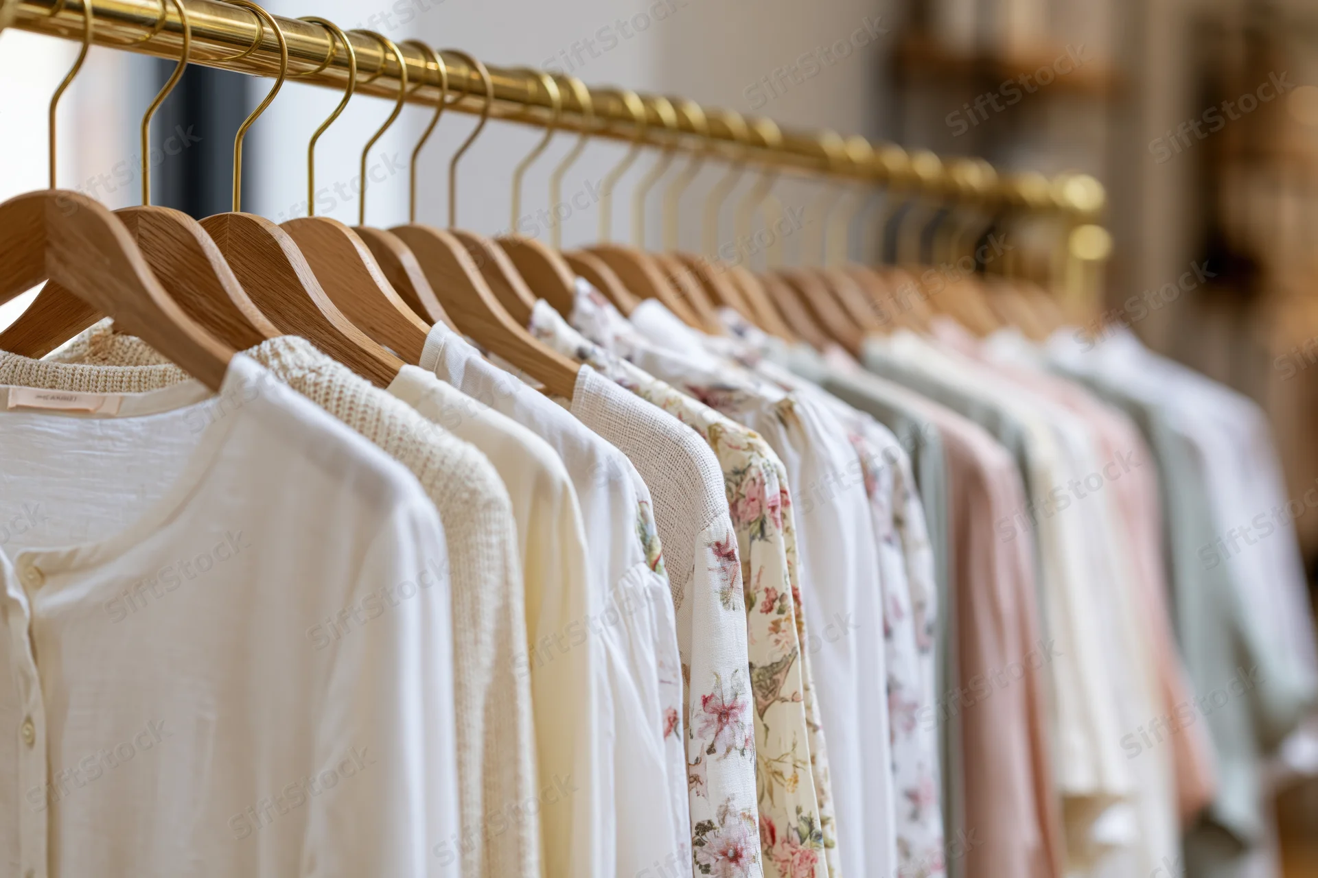 Women's light clothing hanging on wooden hangers along a gold rack in a boutique store