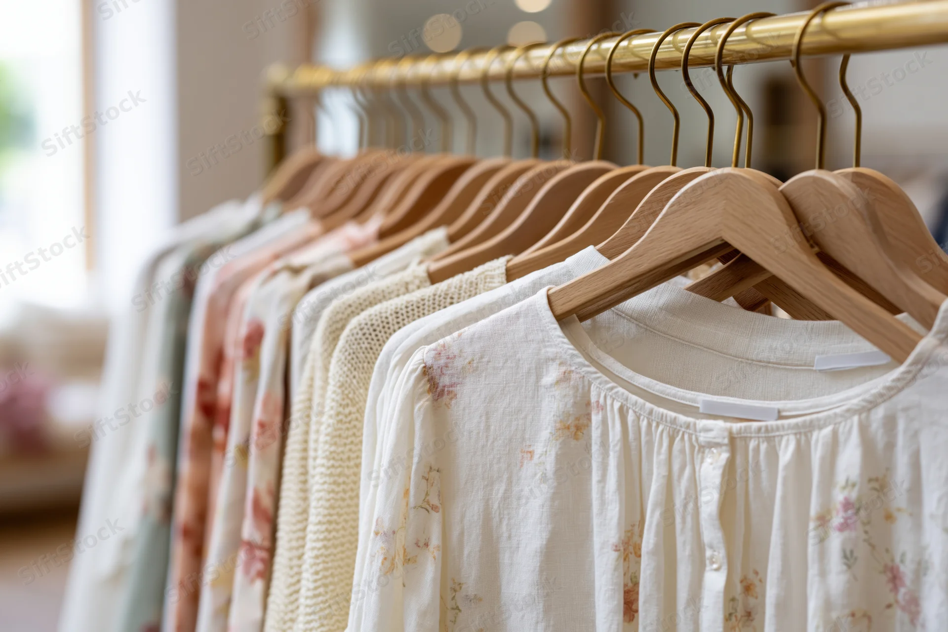 Women's light clothing on wooden hangers arranged on a gold rack in a boutique setting