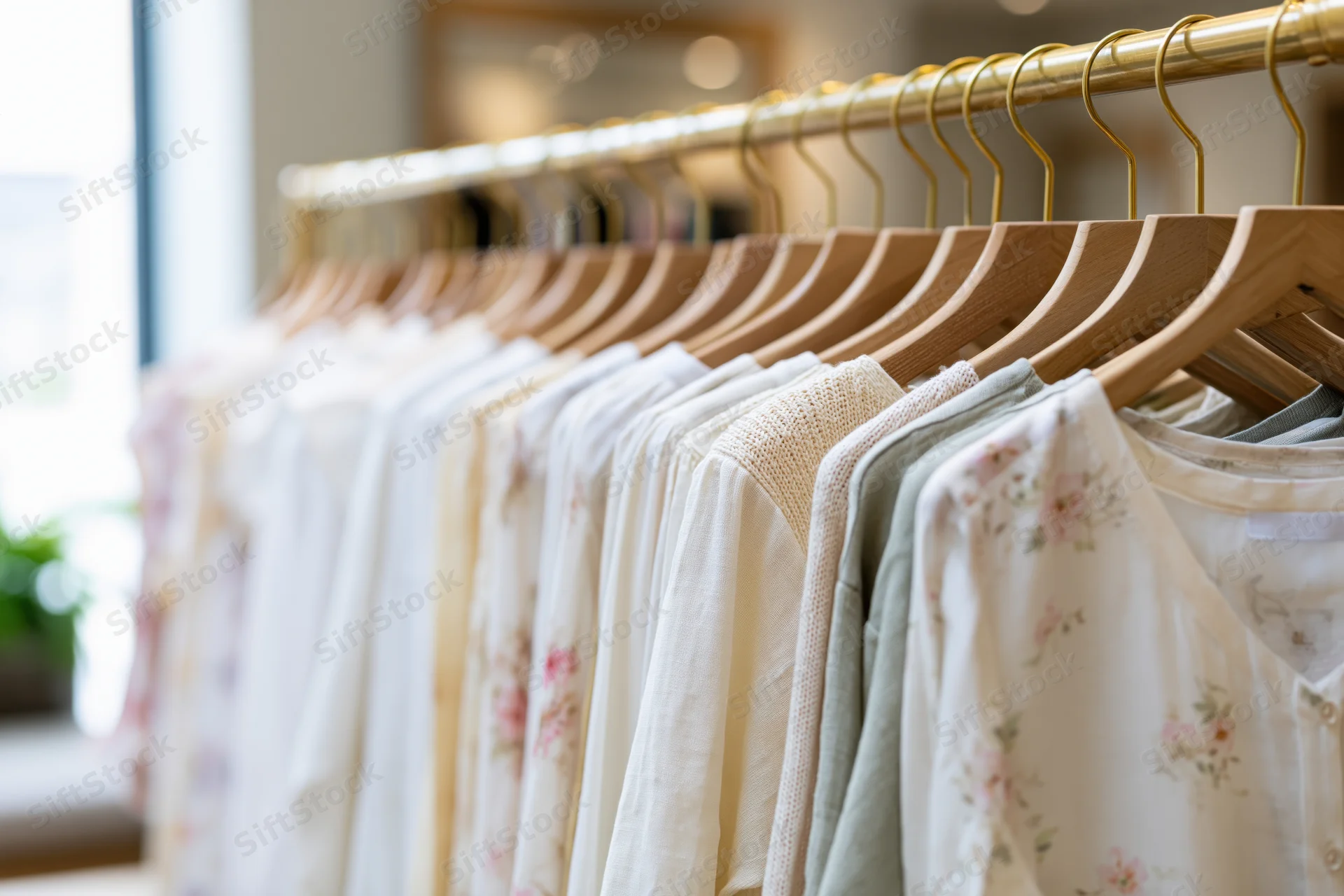 Women's light clothing hanging on wooden hangers along a gold rack in a boutique store