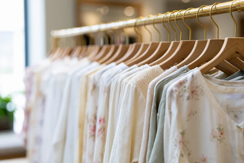 Women's light clothing hanging on wooden hangers along a gold rack in a boutique store