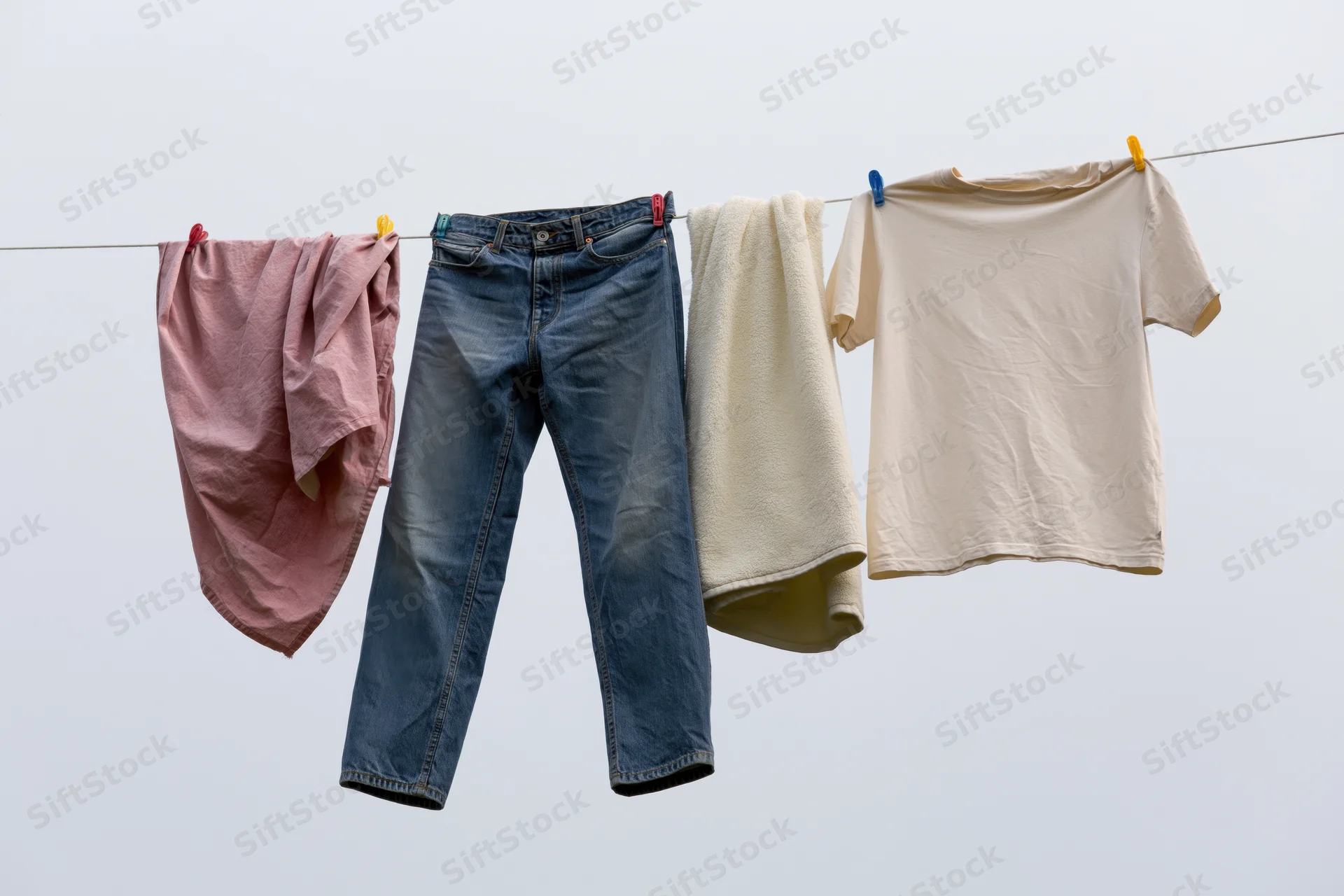 Blue jeans, pink cloth, cream towel and beige tshirt hanging on a clothesline against a pale sky