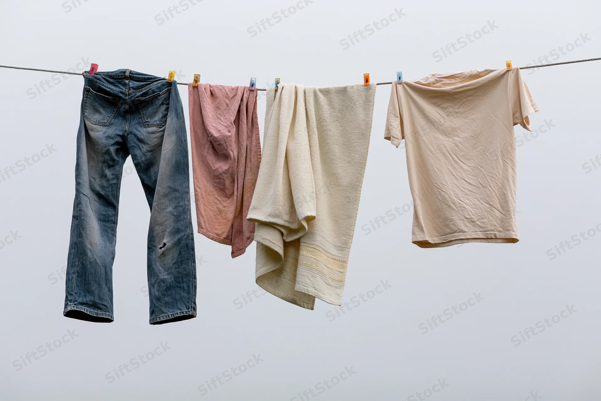 Jeans, towel, tshirt and cloth hanging on a clothesline against a gray sky