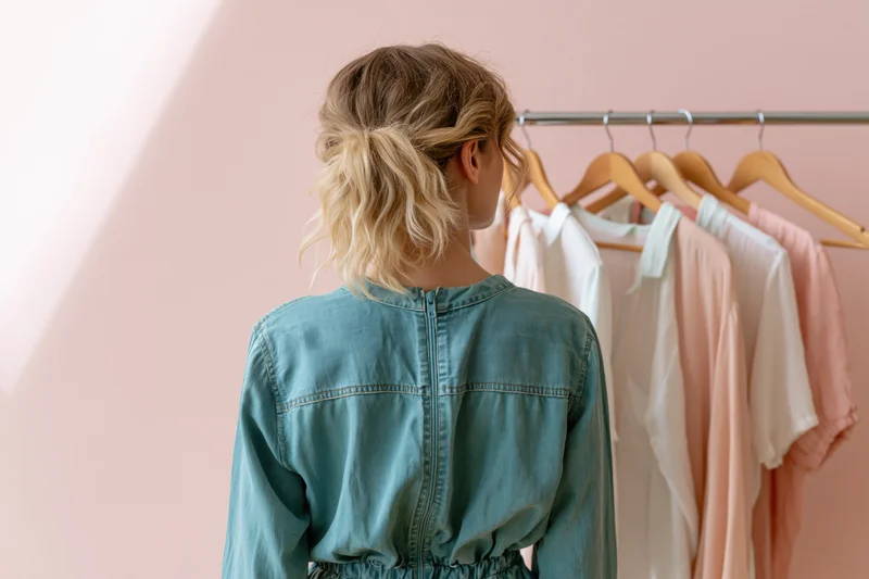 Woman with blonde ponytail facing clothing rack in boutique interior