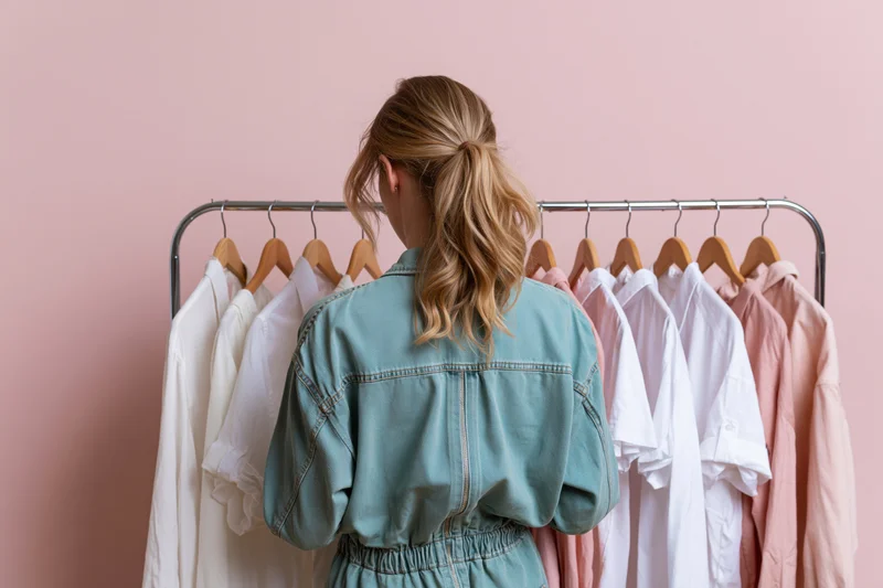 Woman with blonde ponytail standing back to camera in front of clothing rack with pastel shirts and denim jacket