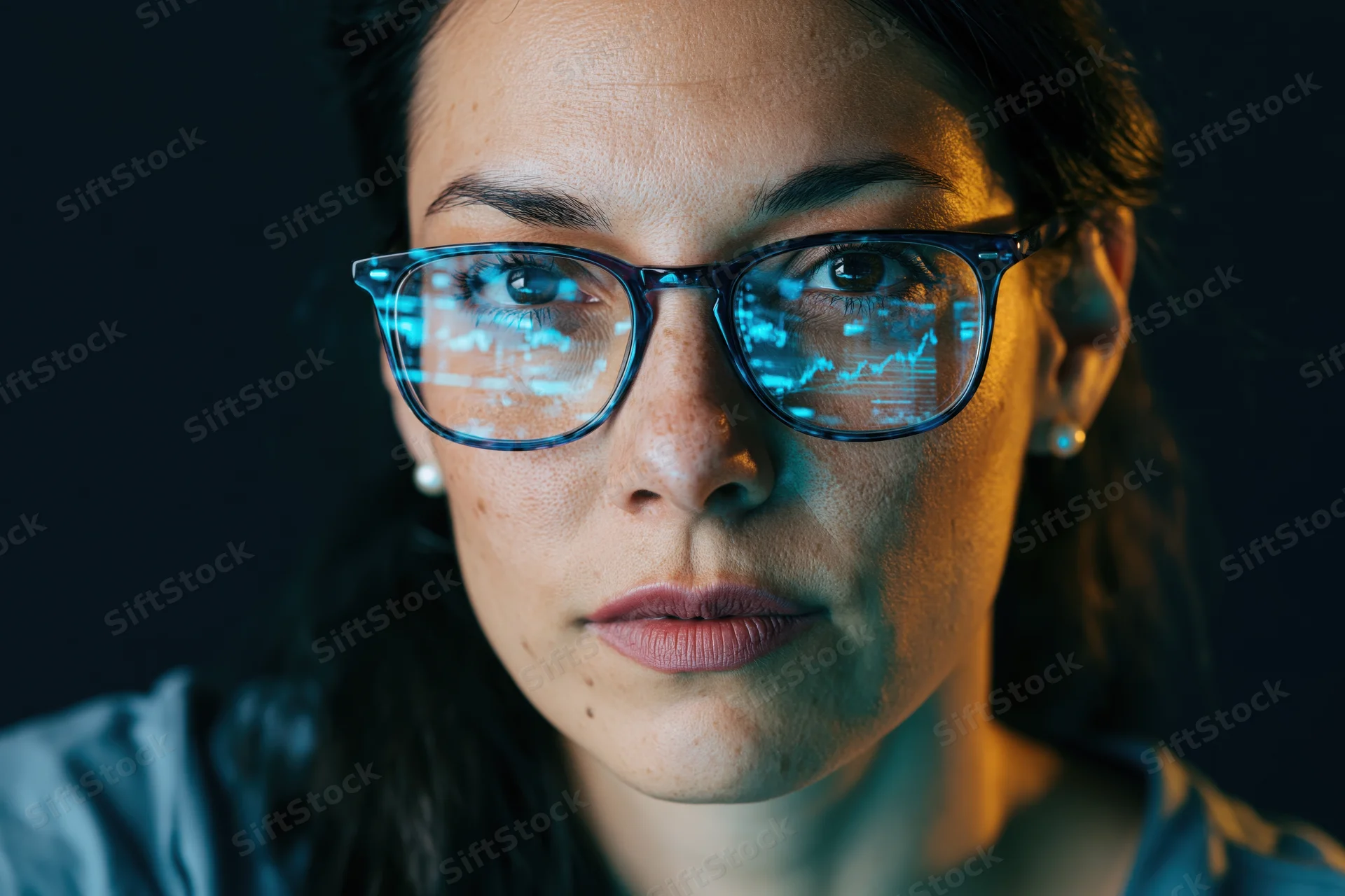 Woman with glasses reflecting digital data on lenses in dark setting