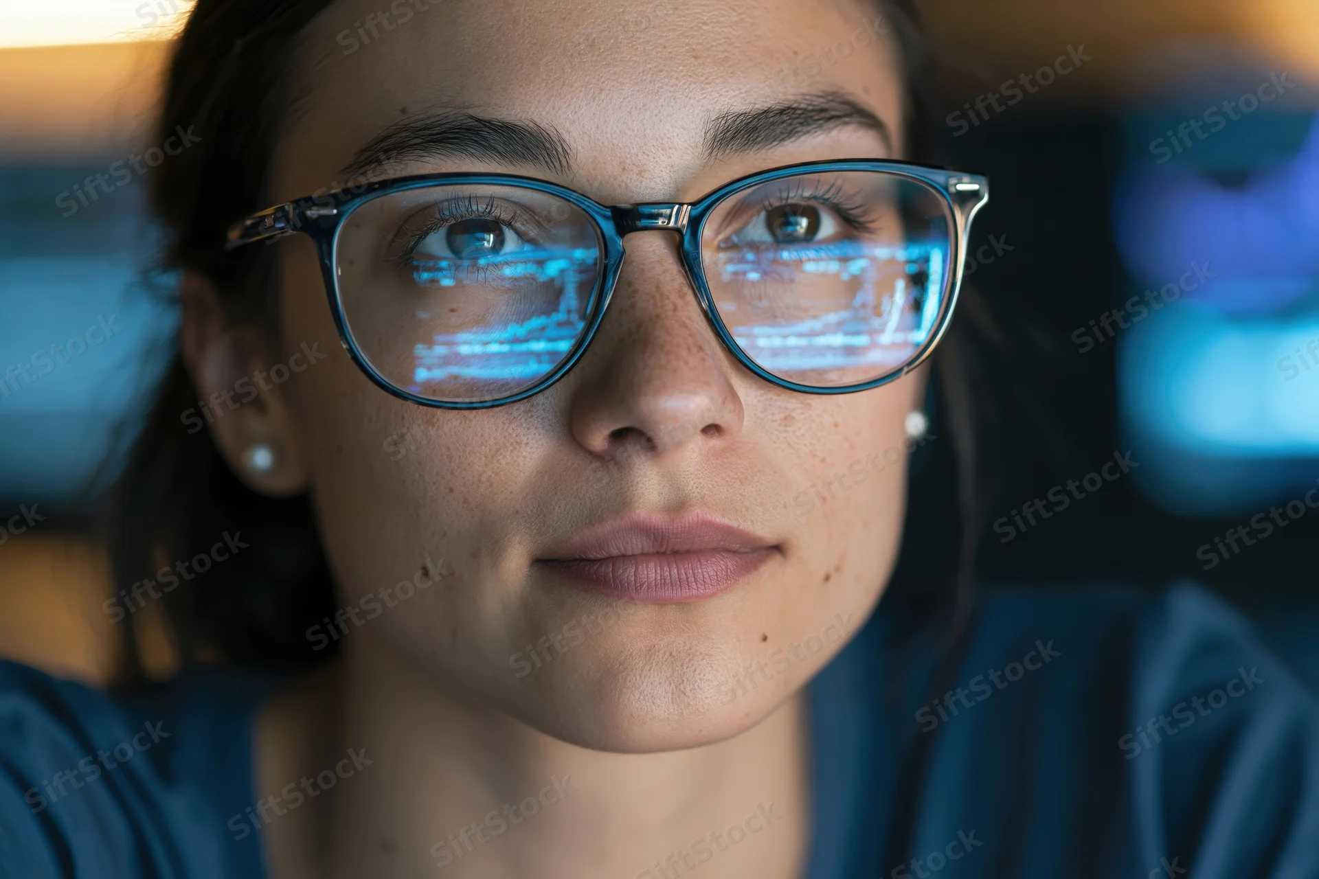 Woman with glasses reflecting blue code on her lenses, focused expression in dim indoor setting