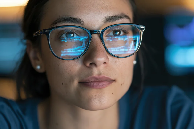 Woman with glasses reflecting blue code on her lenses, focused expression in dim indoor setting