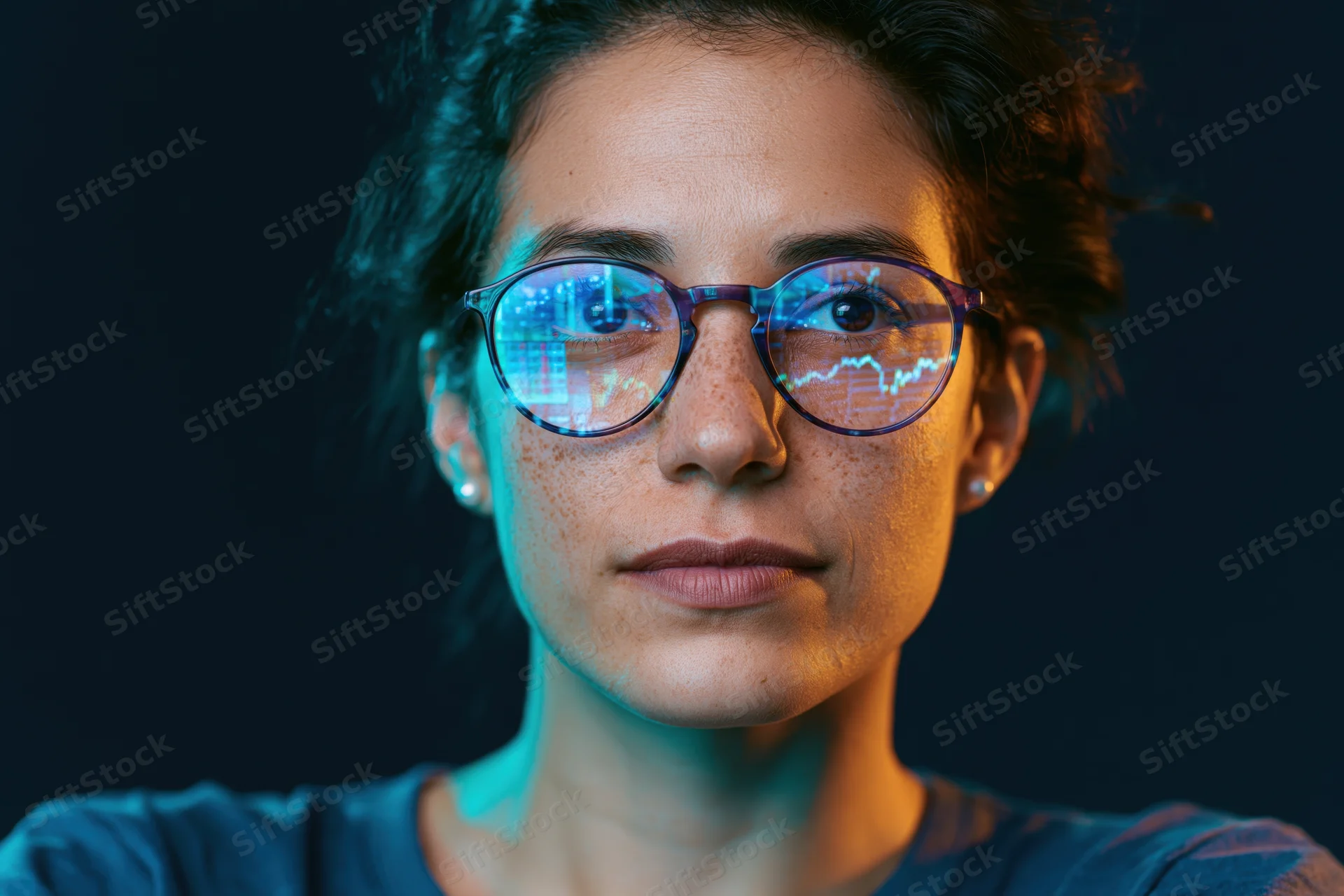 Woman with glasses reflecting digital data charts in her lenses against dark background