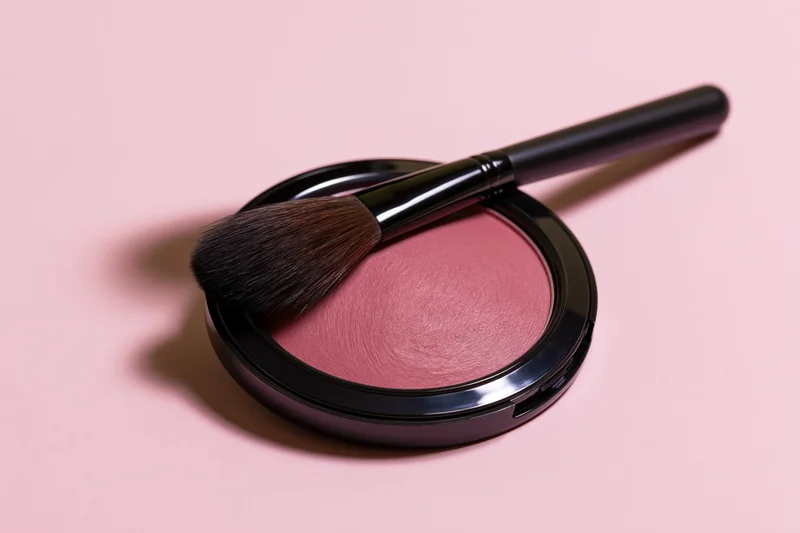 Open blush compact with makeup brush resting on top on pink background