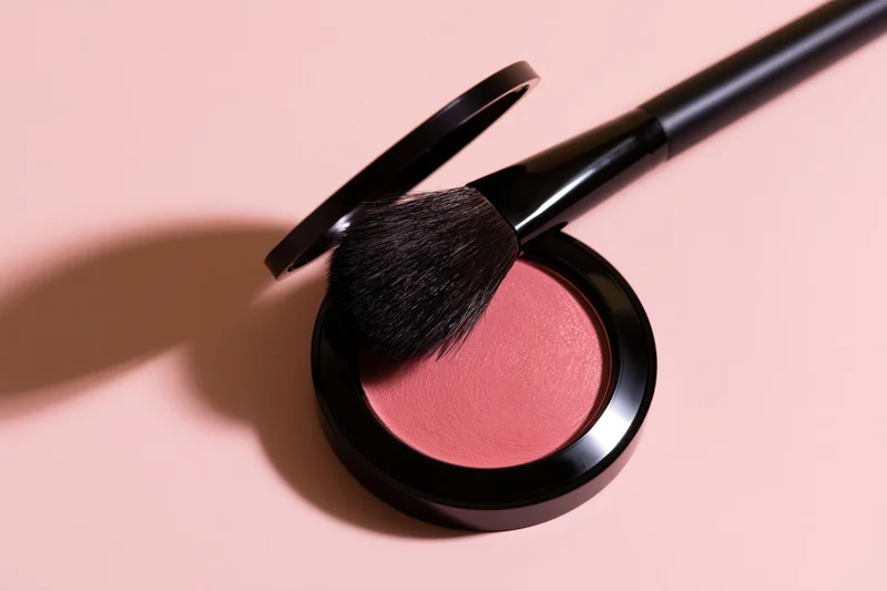 Open blush compact with makeup brush resting on it against pink background