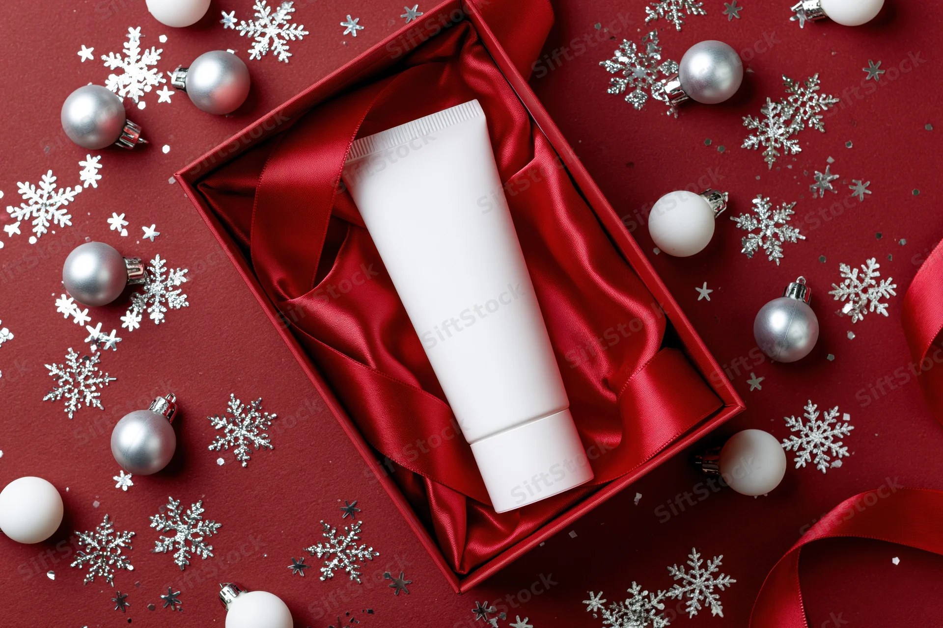 Blank white skincare tube in red gift box with silver ornaments and snowflakes on red background