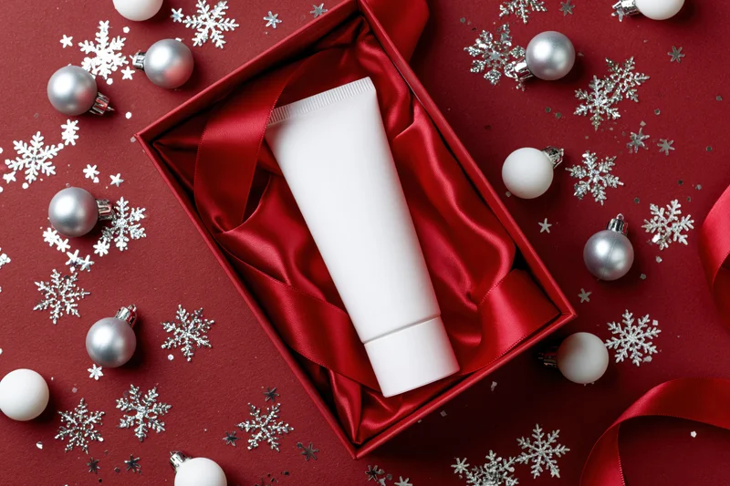 Blank white skincare tube in red gift box with silver ornaments and snowflakes on red background