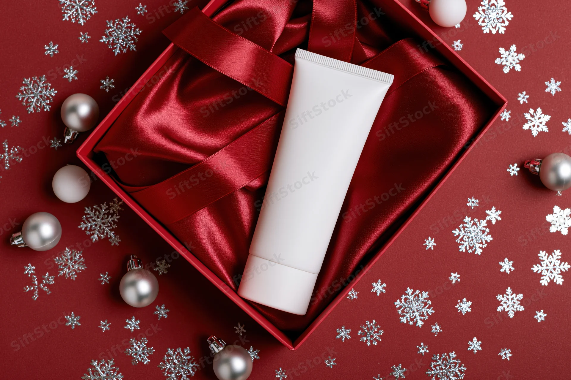 Blank white skincare tube in red satin-lined gift box surrounded by silver ornaments and snowflakes on red background
