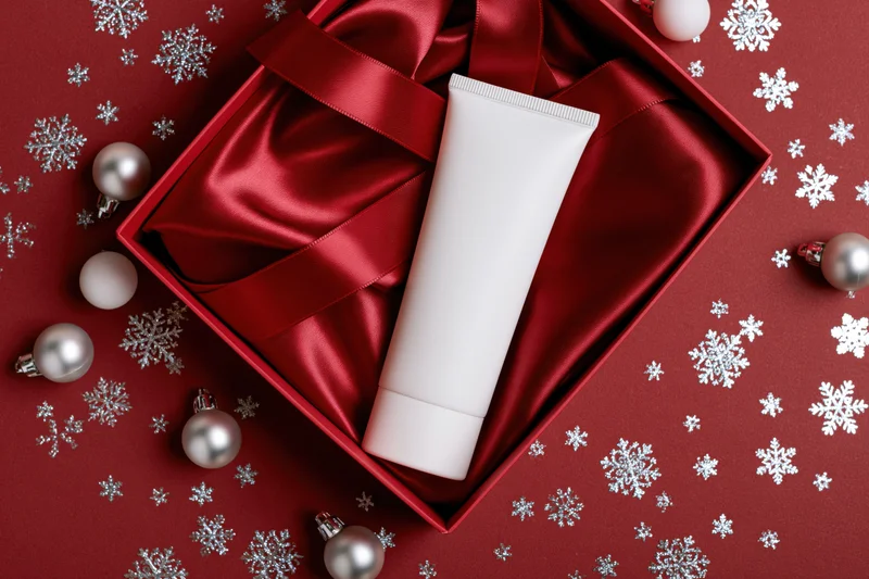 Blank white skincare tube in red satin-lined gift box surrounded by silver ornaments and snowflakes on red background