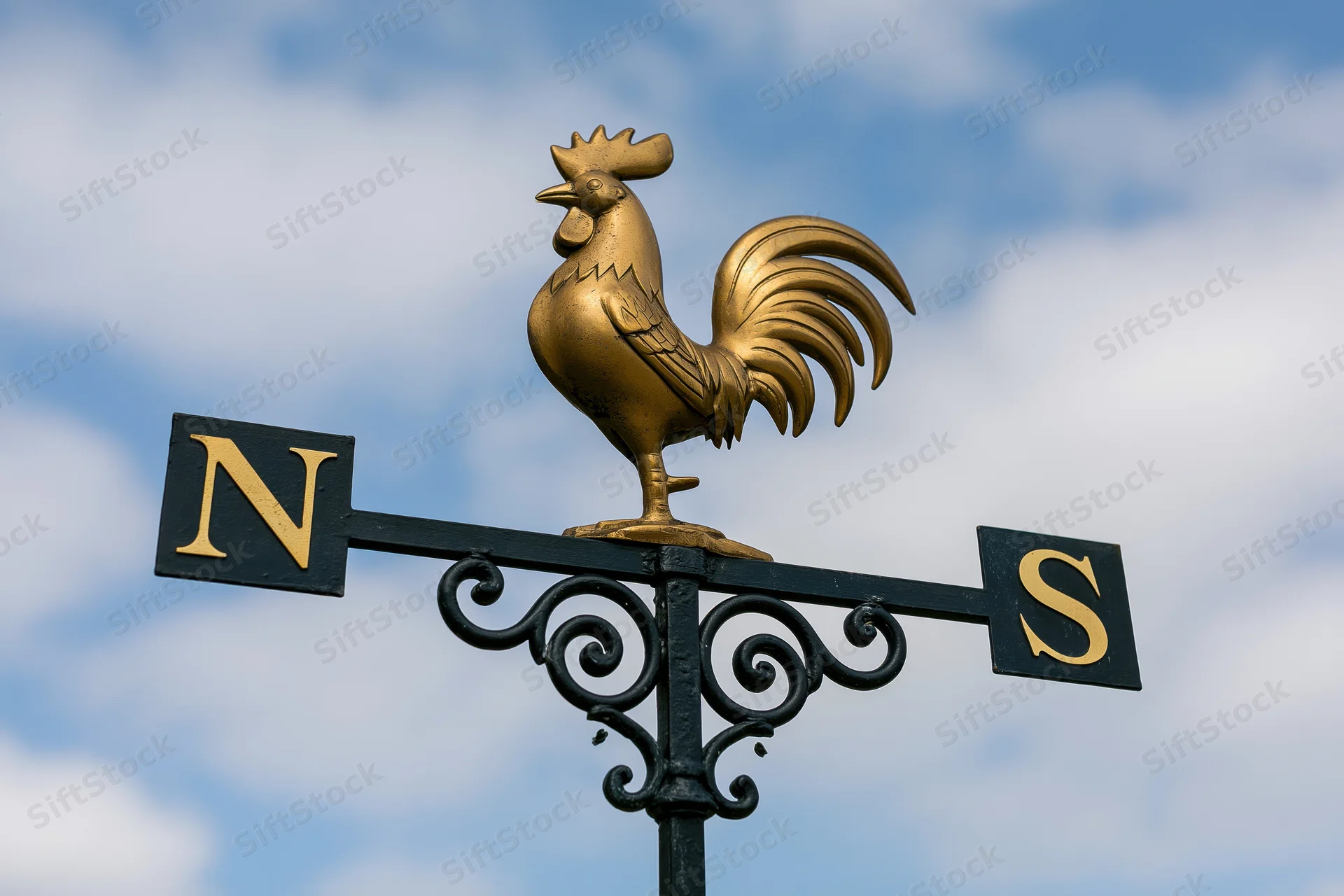 Brass rooster weather vane mounted on wrought iron scroll against blue sky with clouds