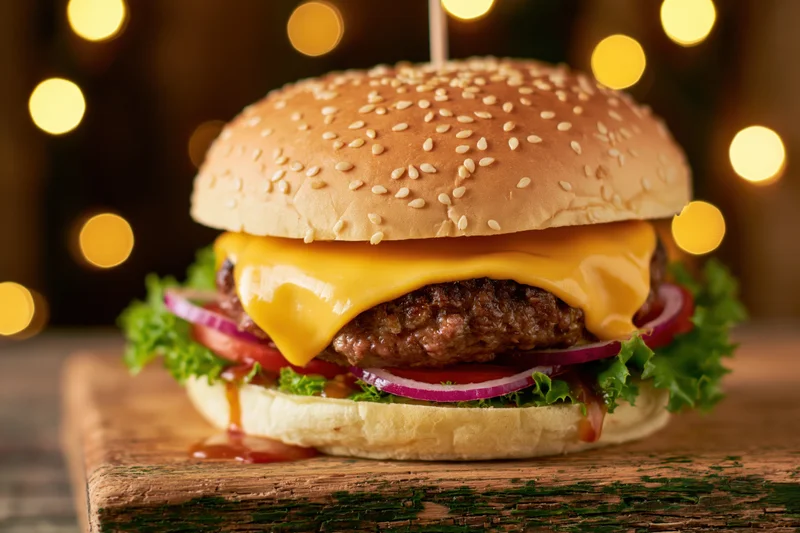Cheeseburger with melted cheese, lettuce, tomato, and onion on a rustic wooden surface with warm bokeh lights in the background