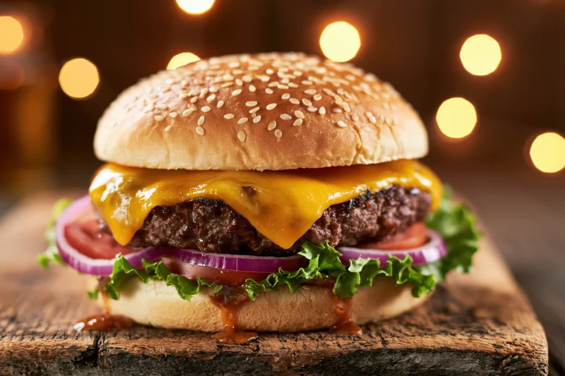 Cheeseburger with melted cheese, lettuce, tomato, and onion on a wooden cutting board