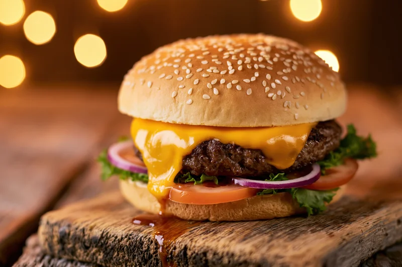 Cheeseburger with melted cheese and vegetables on a rustic wooden board under warm bokeh lights