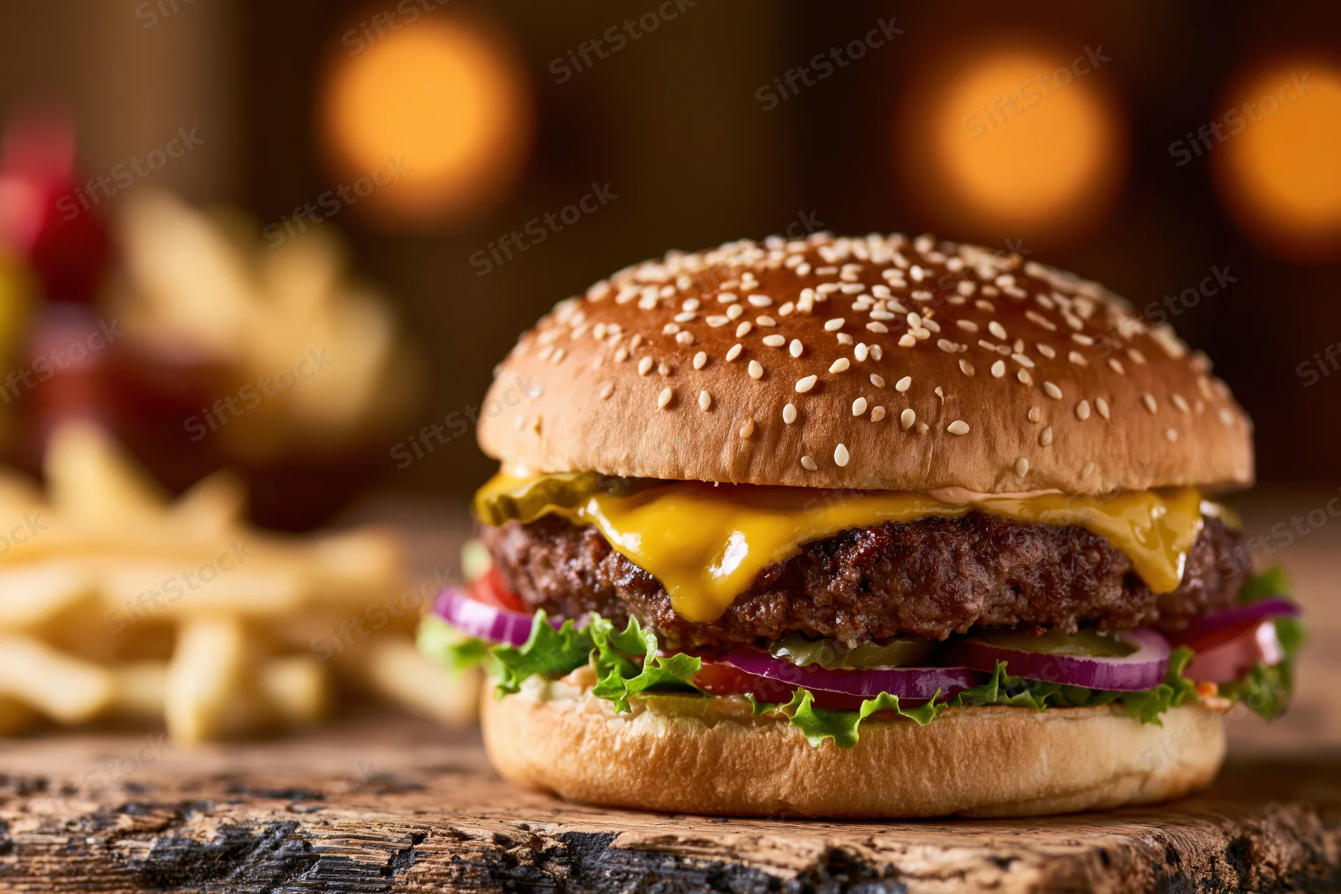 Cheeseburger with melted cheese, beef patty, lettuce, onion, tomato, and pickle on a sesame seed bun, served with french fries on a rustic wooden table