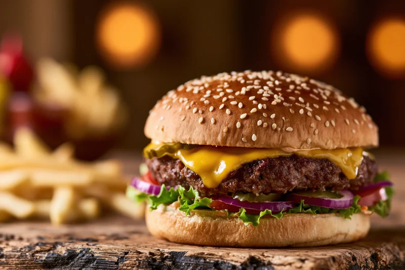 Cheeseburger with melted cheese, beef patty, lettuce, onion, tomato, and pickle on a sesame seed bun, served with french fries on a rustic wooden table