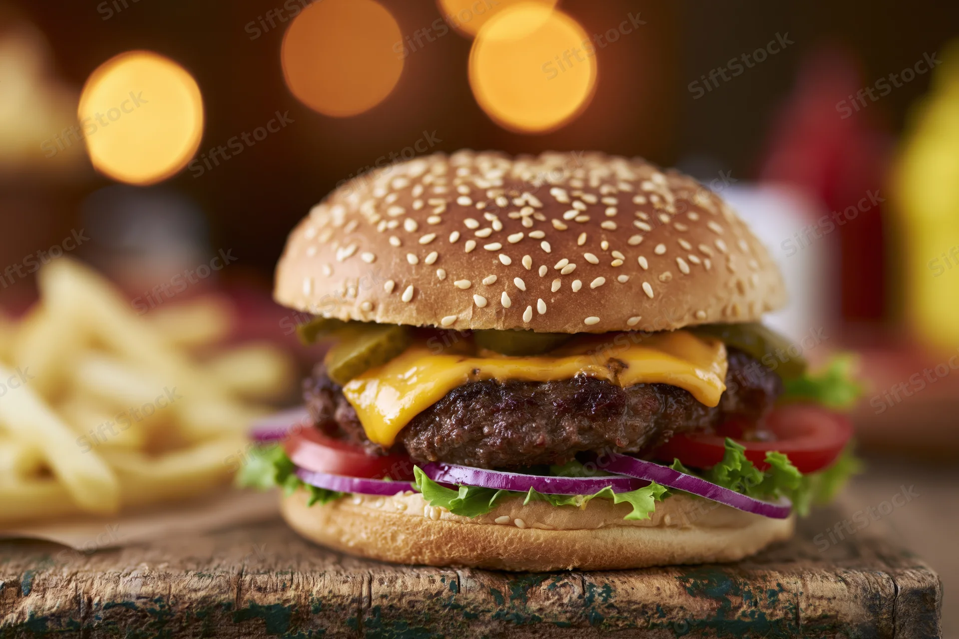Cheeseburger with melted cheese, beef patty, lettuce, tomato, onion and pickle on sesame bun, served with french fries on wooden board
