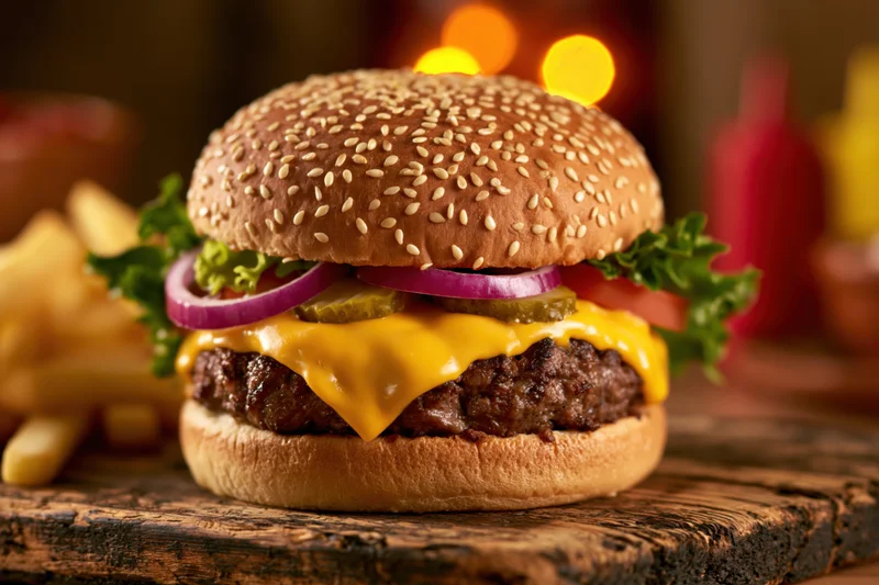 Cheeseburger with melted cheese, beef patty, lettuce, tomato, onion, and pickle on a sesame seed bun, served with french fries on a wooden board