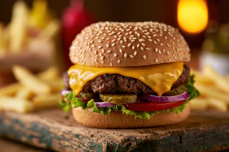 Cheeseburger with melted cheese, beef patty, lettuce, tomato, onion, and pickle on a wooden cutting board with french fries in the background