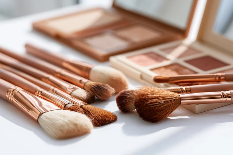 Rosegold makeup brushes arranged with open palettes on a white surface