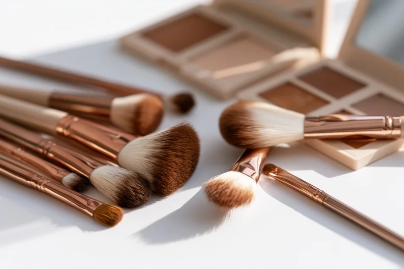 Rose-gold makeup brushes and eyeshadow palette arranged on white surface