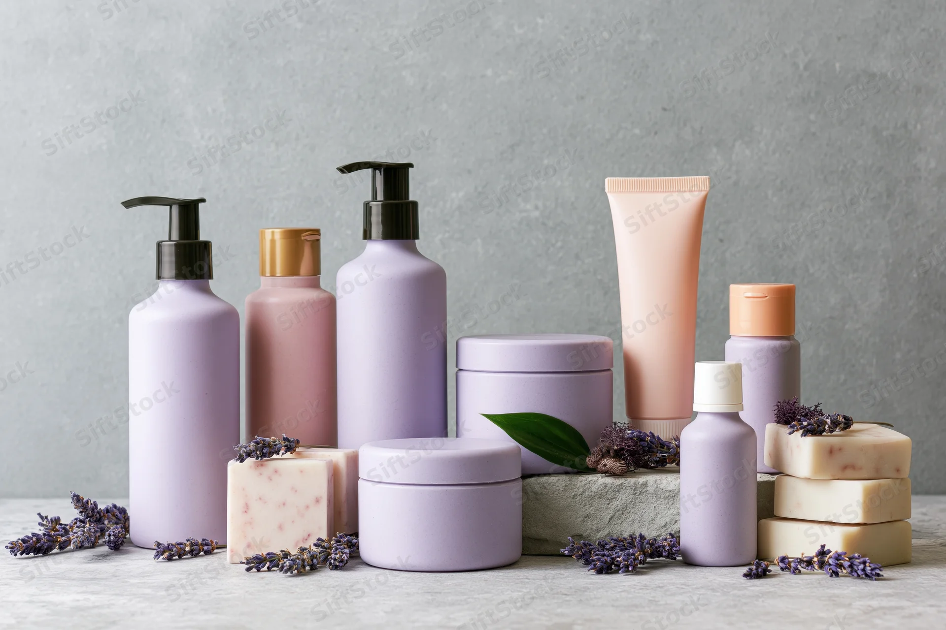 Skincare and haircare product containers arranged with lavender flowers on a gray surface