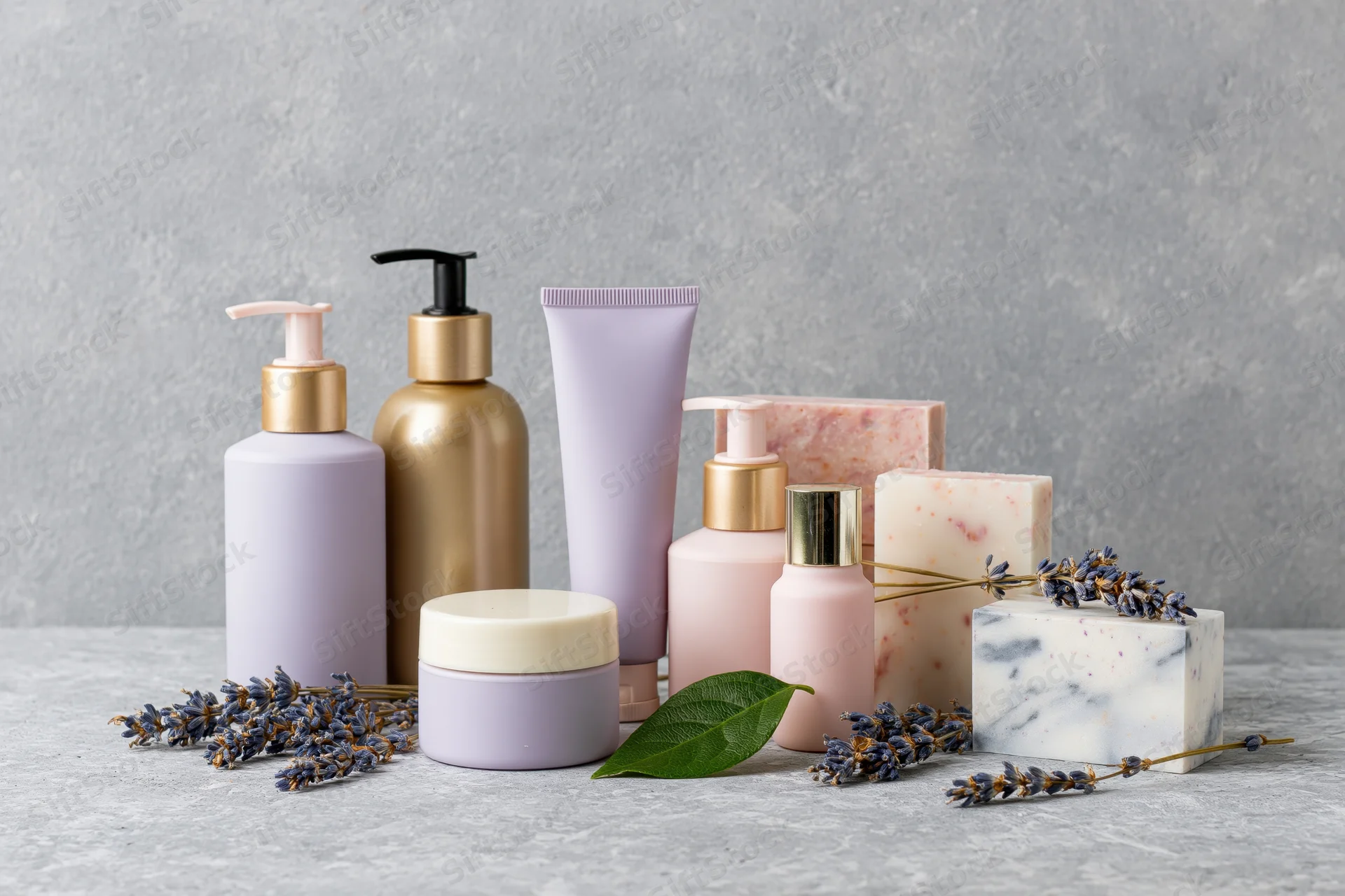 Skincare and beauty products arranged on a concrete surface with lavender and leaves