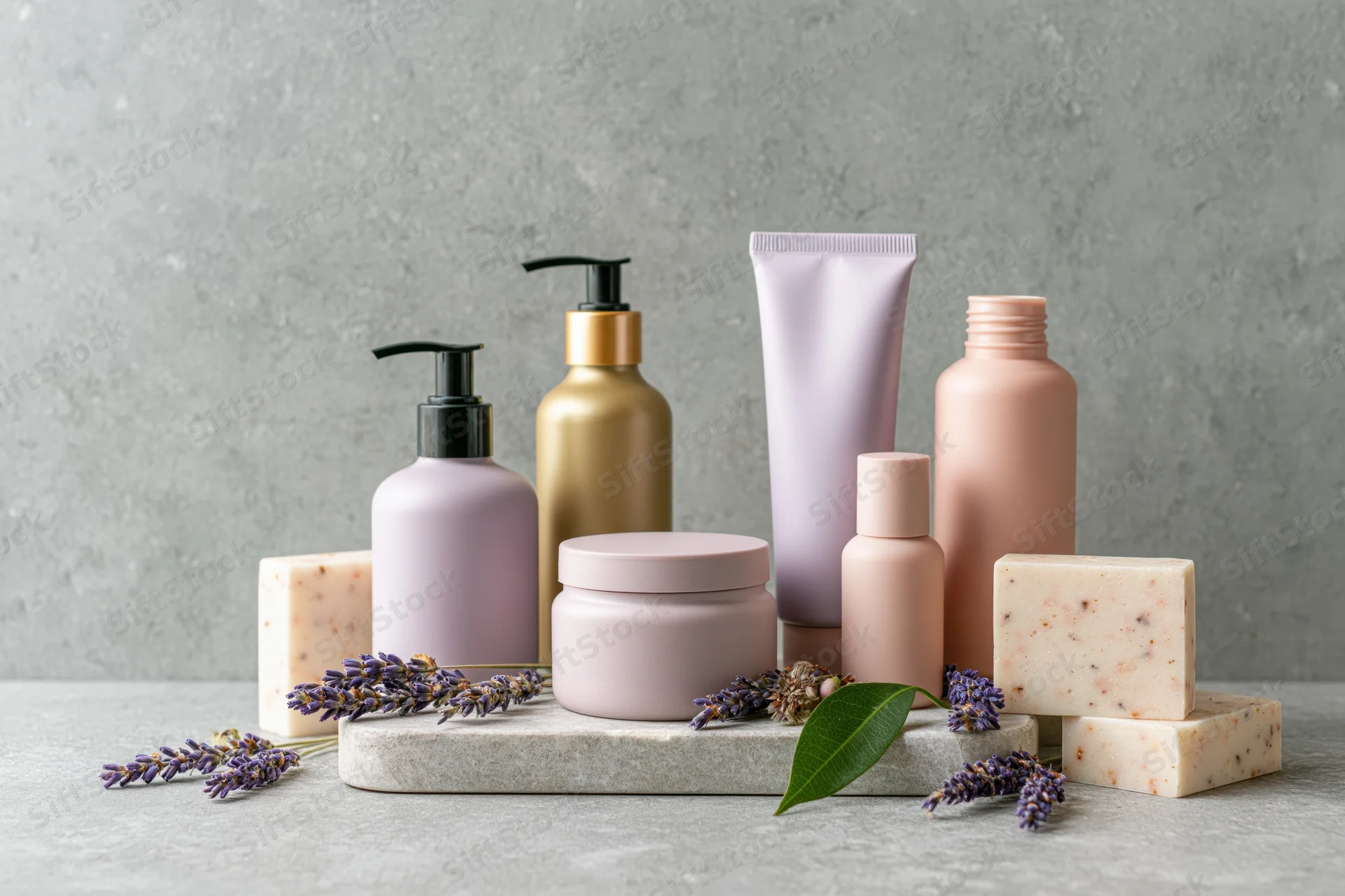 Skincare and haircare product containers arranged on a stone slab with lavender sprigs and soap bars on a gray concrete surface