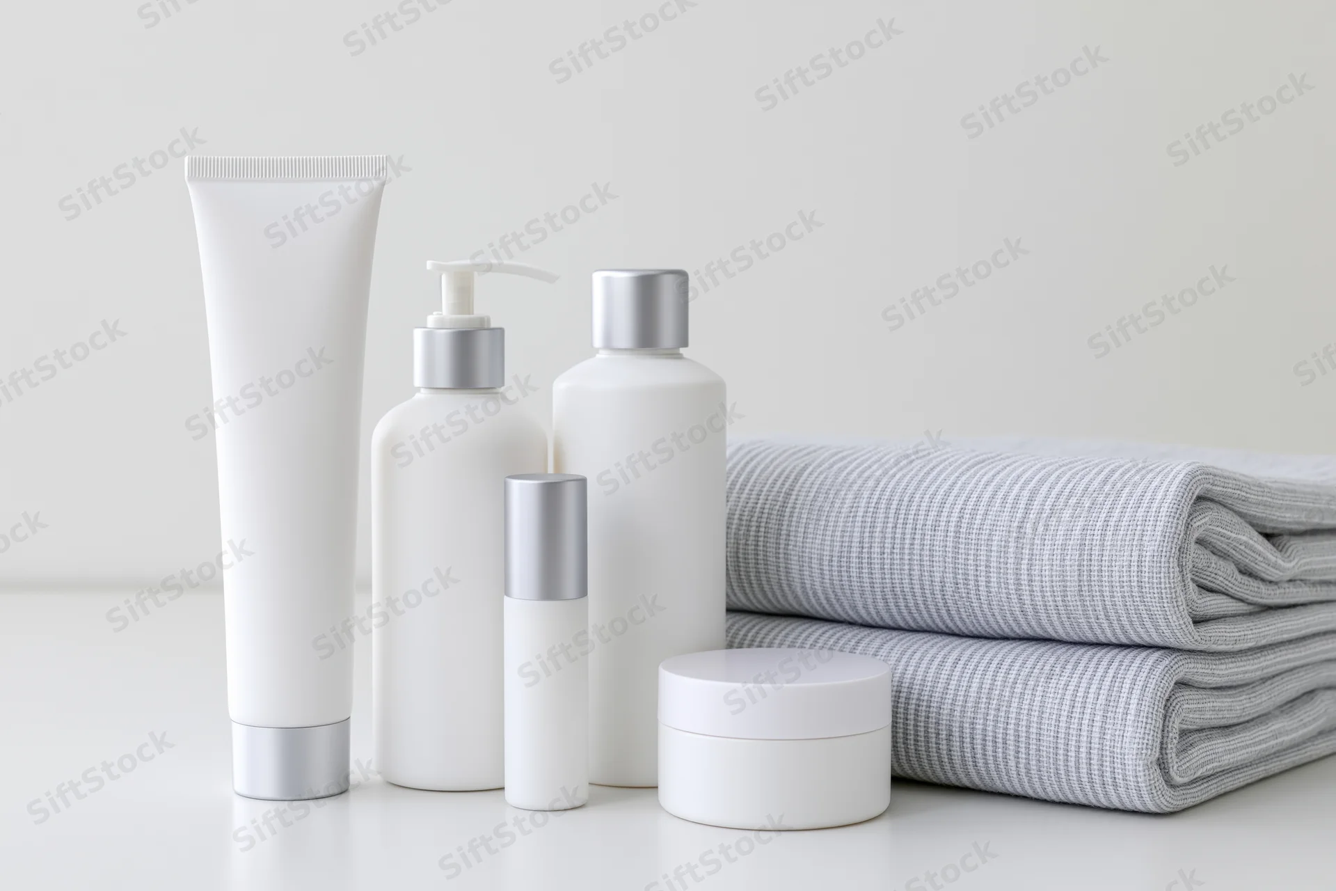 White unlabeled skincare containers and folded towels arranged on a clean surface