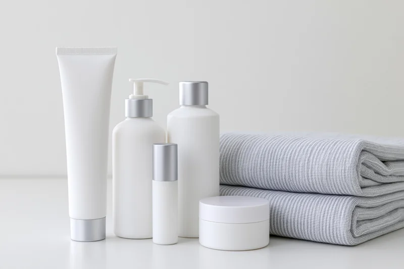White unlabeled skincare containers and folded towels arranged on a clean surface