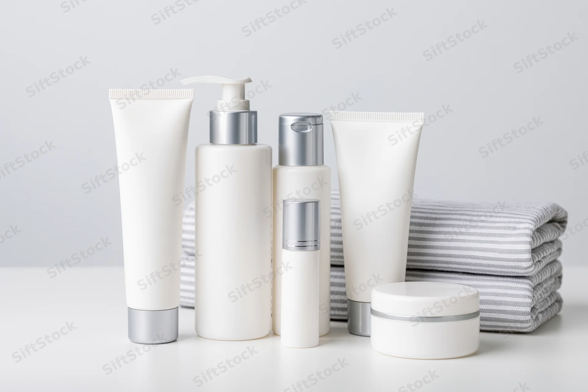 Unlabeled white skincare containers arranged on a white surface with folded towels in the background