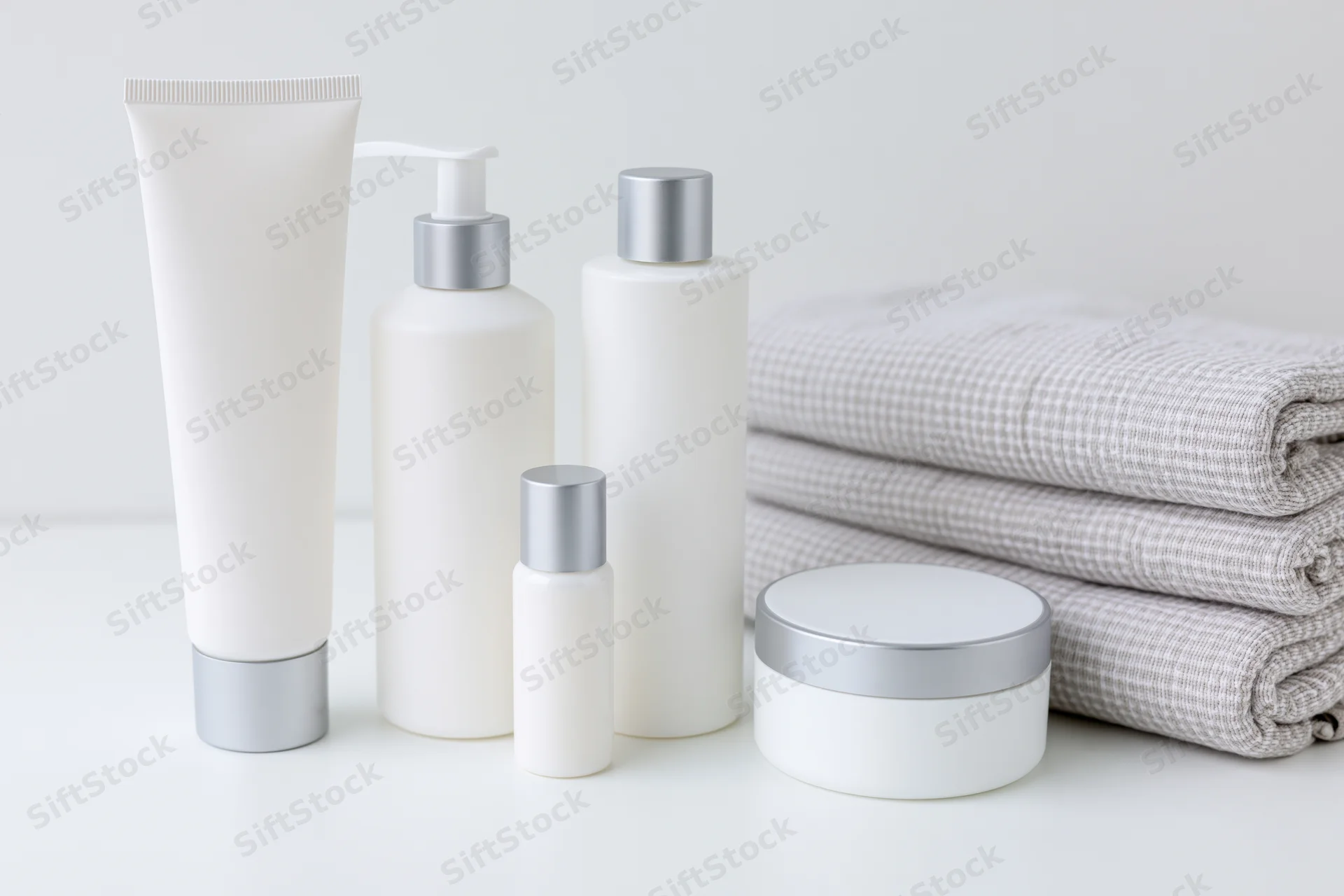 White unlabeled skincare containers and folded towels arranged on a clean surface