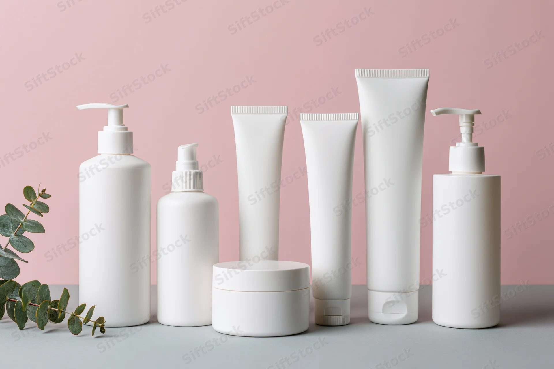 White blank skincare bottles and tubes arranged on a gray surface against a pink background