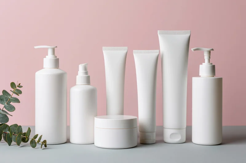 White blank skincare bottles and tubes arranged on a gray surface against a pink background