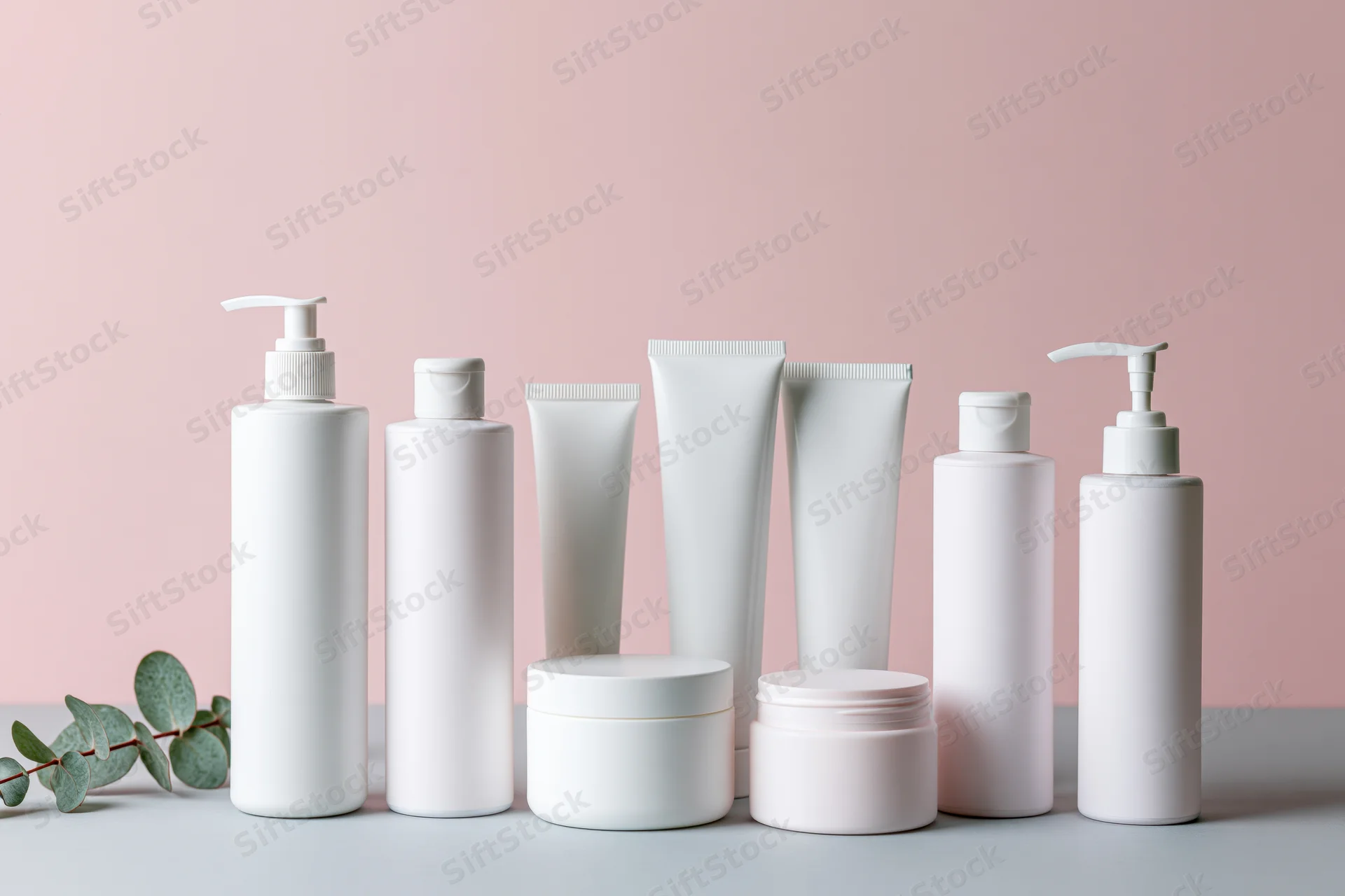 White blank skincare bottles and tubes arranged on a pink background with eucalyptus leaves